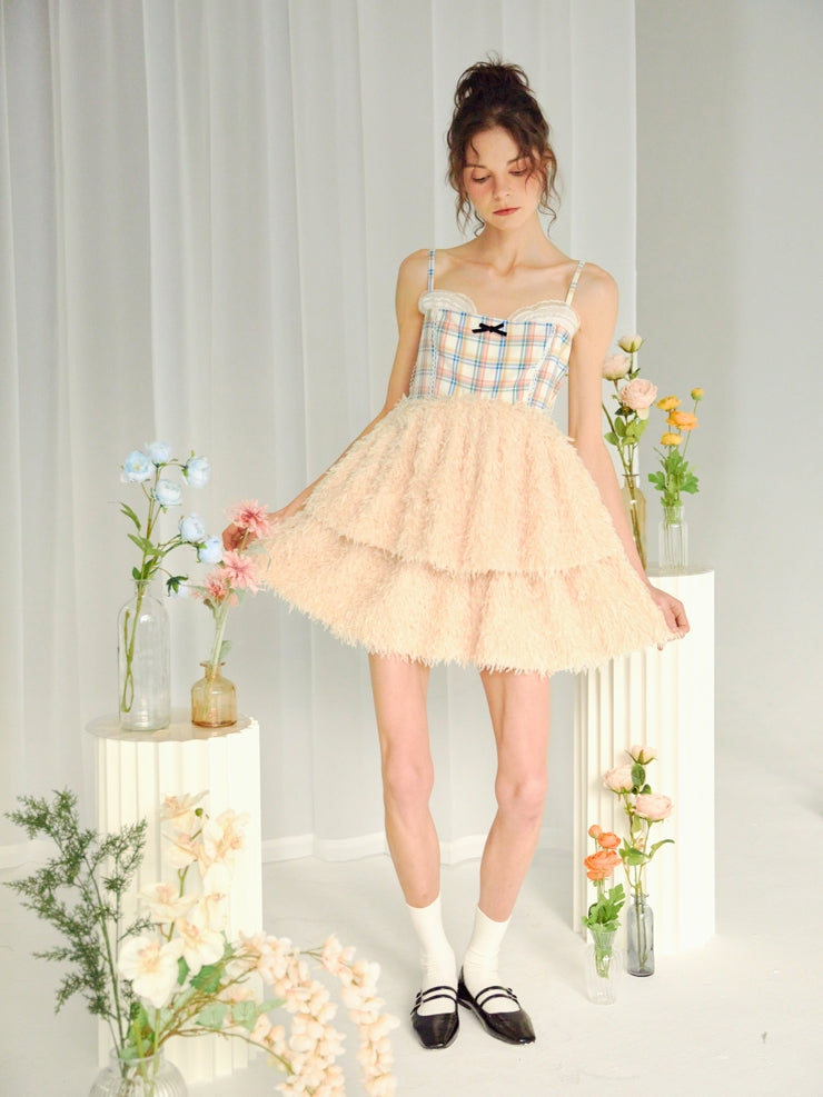 FUR Stitching Short Suspender Dress