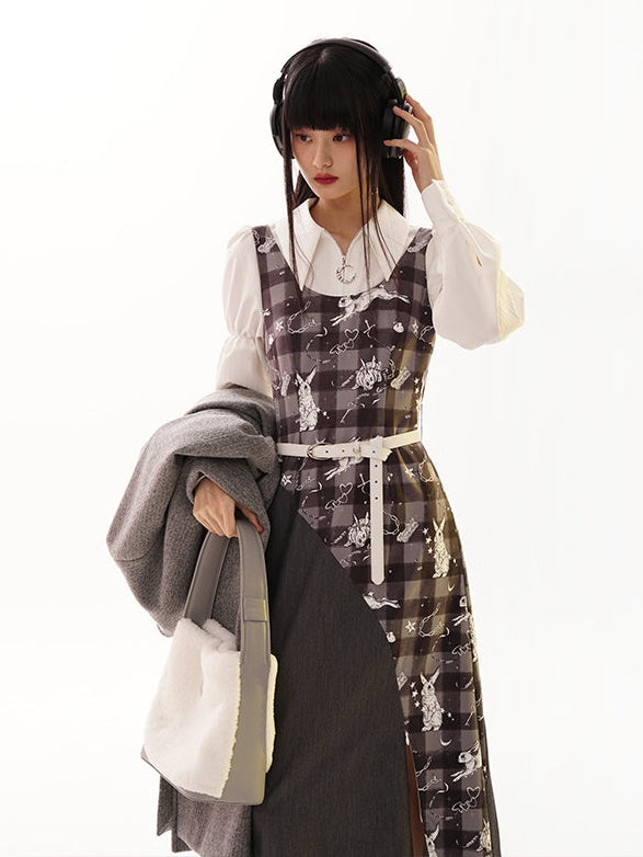 Fake Two-Piece Shirt Mid-Length Print Dress