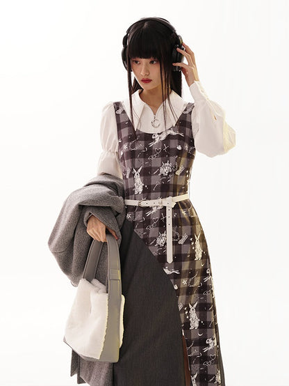 Fake Two-piece Shirt Mid-length Print Dress