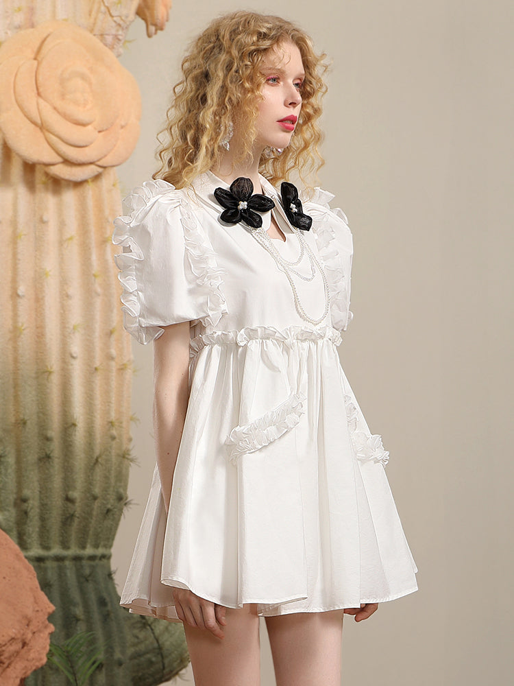 Frill Nichi Flare Flower-motif Sweet Dress