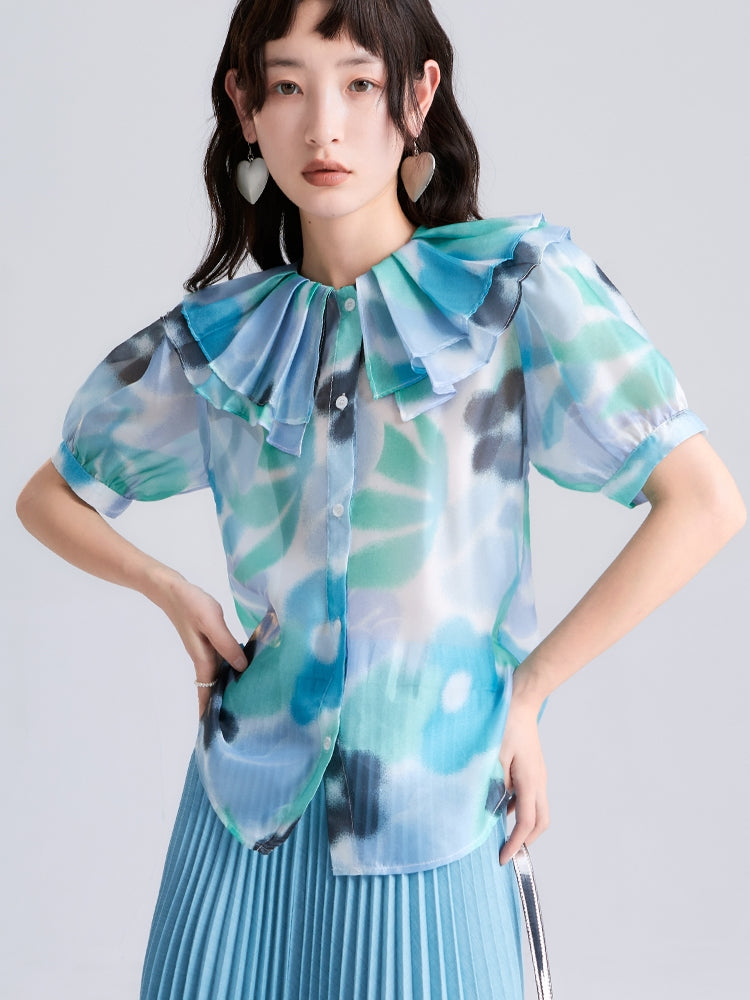 Translucent Printed Double-Layer Collar Shirt