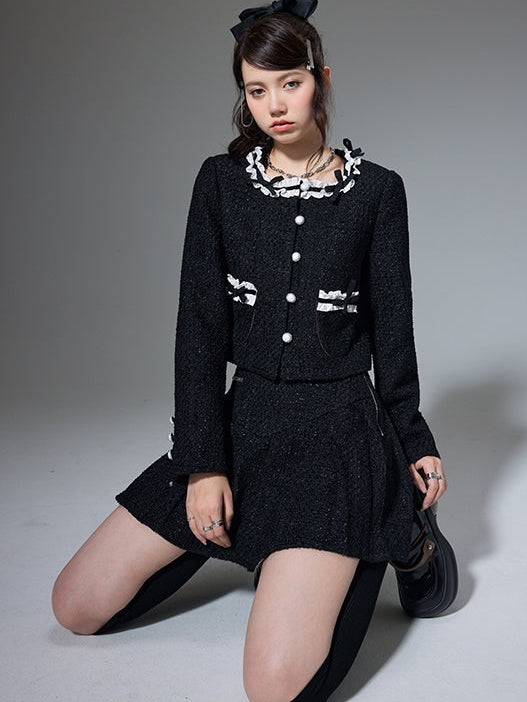 Round Neck Bow Cardigan Jacket &amp; PLEATED SKIRT