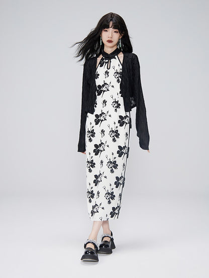 Chinese-style Printed Sleeveless Dress &amp; Cardigan Shirt