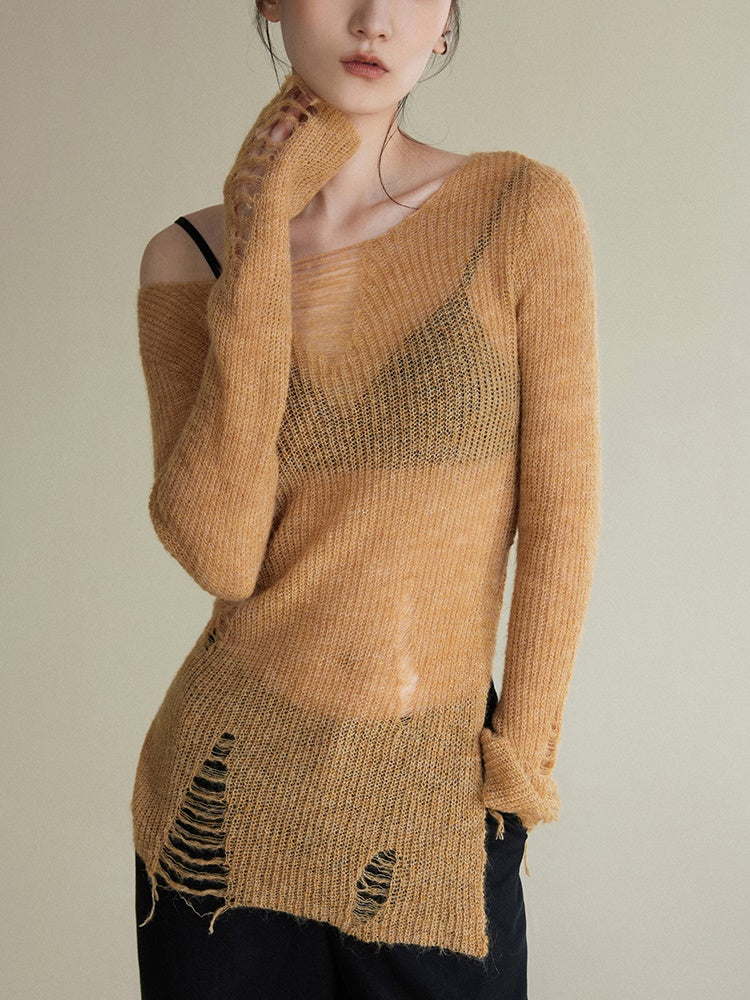 Irregular Hole Hem Beveled Sweater