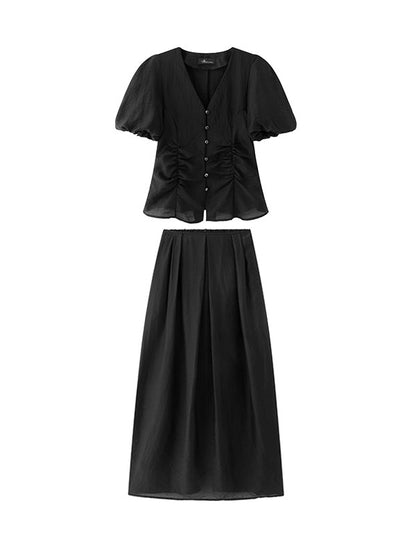 V-Neck Puff Sleeve Top ＆ Cocoon Long Skirt