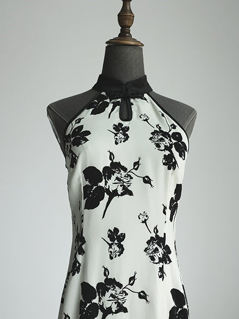 Chinese-style Printed Sleeveless Dress &amp; Cardigan Shirt