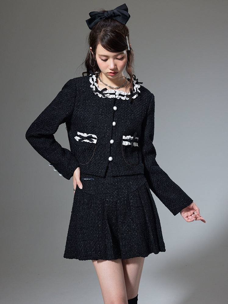 Round Neck Bow Cardigan Jacket &amp; PLEATED SKIRT