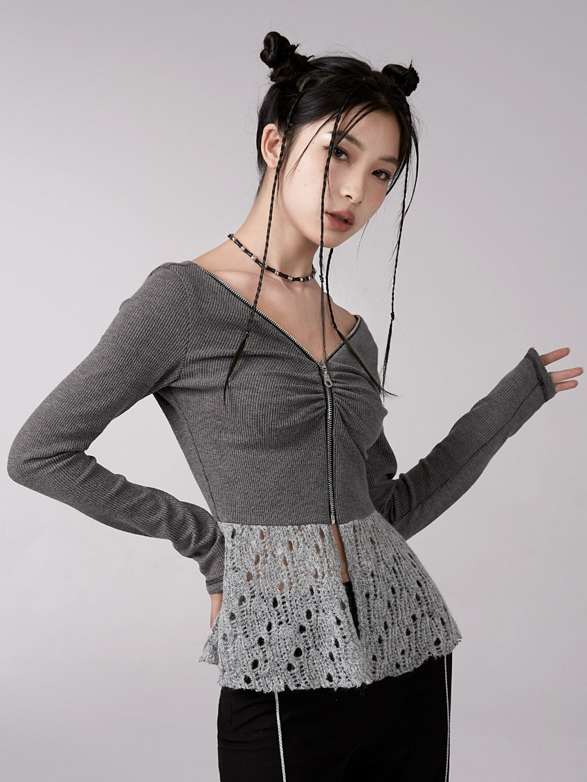 V-neck Zipper Knitted Cardigan