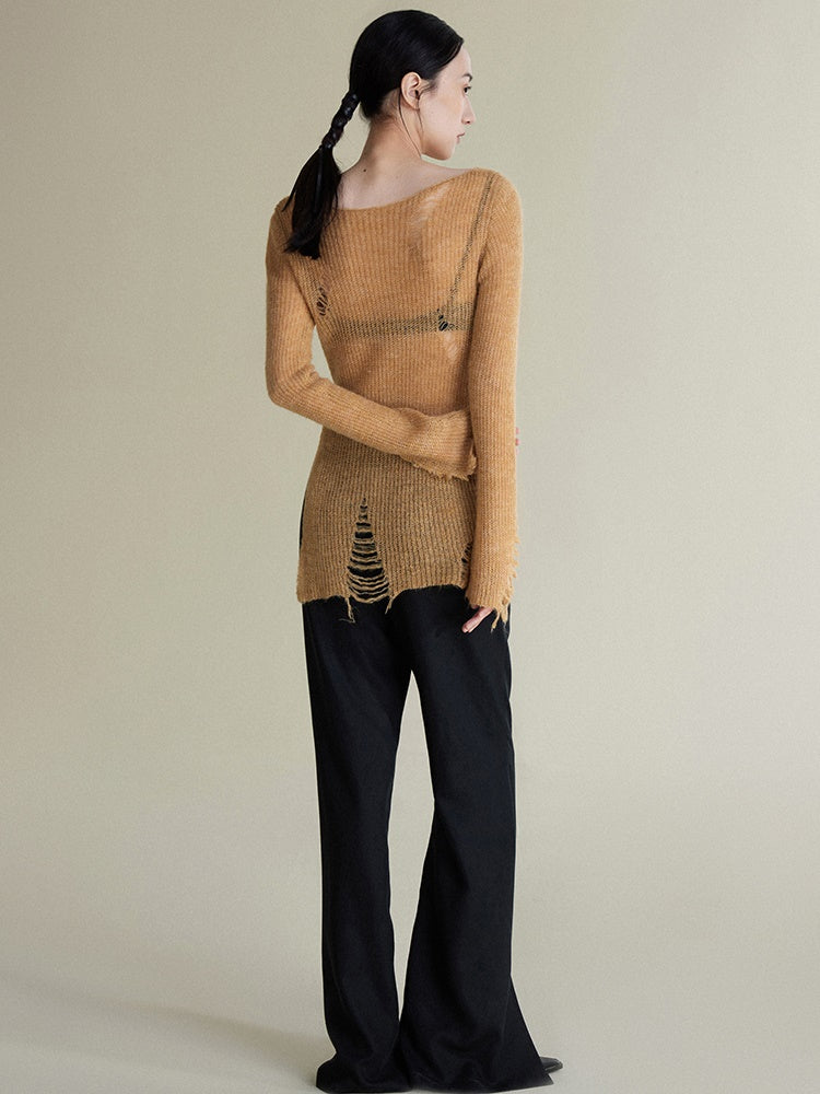 IRREGULAR HOLE HEM BEVELED SWEATER