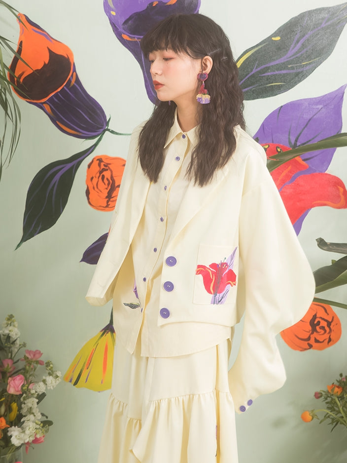 Flower Embroidery Arc-Sleeed Suit Jacket