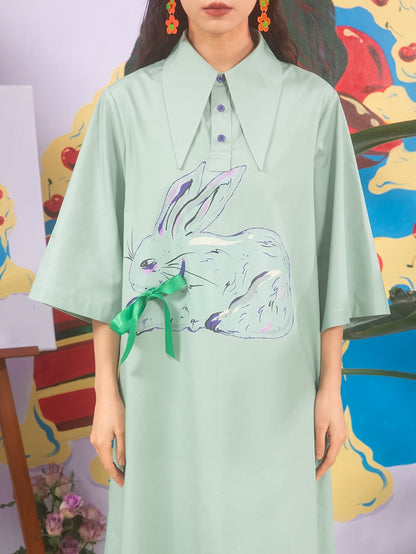 Retro Rabbit Pattern Short-Sleeed Shirt Dress