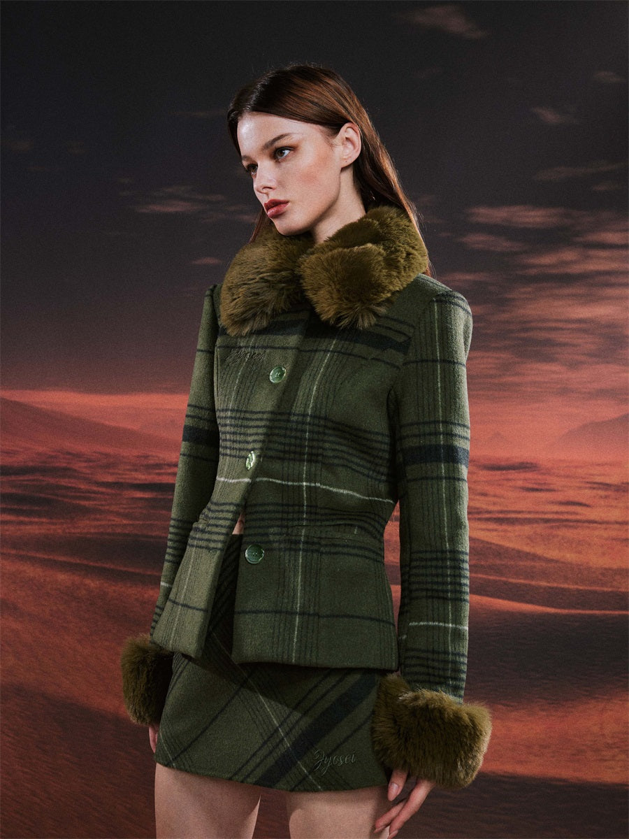 Plaid Woolen Splicing Jacket &amp; A-line Skirt