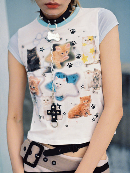 Casual Nichi Animal Cats Cropped T-Shirt