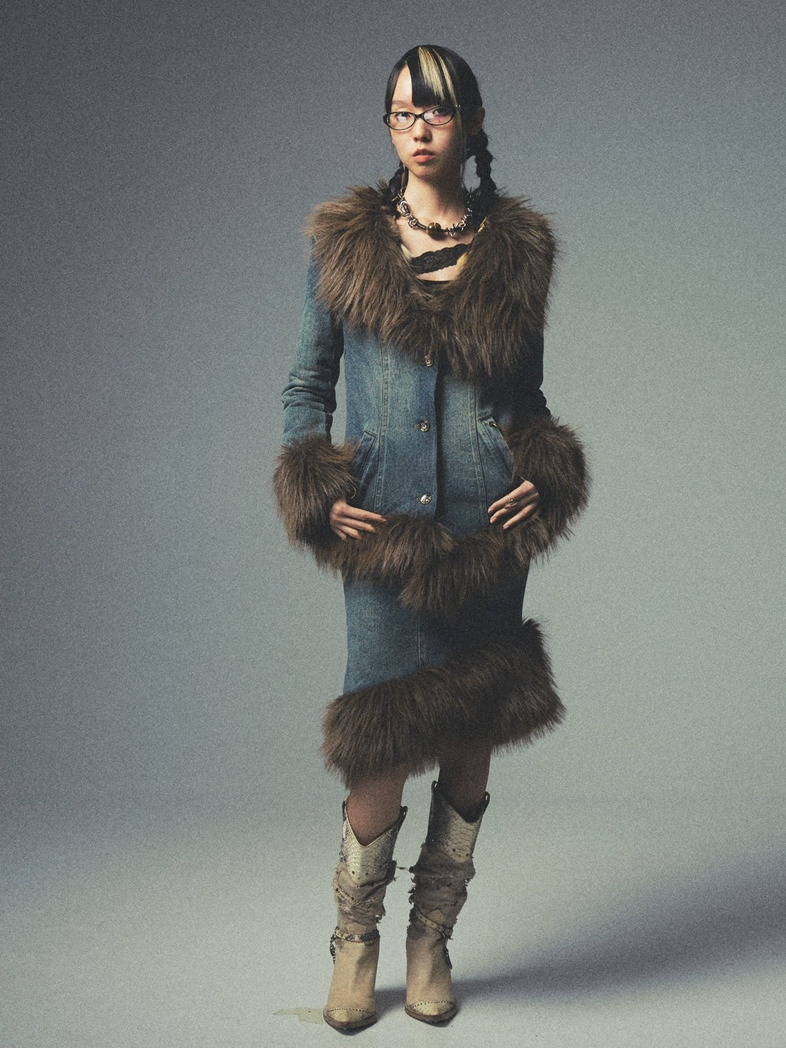 Washed Old Quilted Asymmetric Fur Collar Lapel Denim Jacket &amp; Skirt