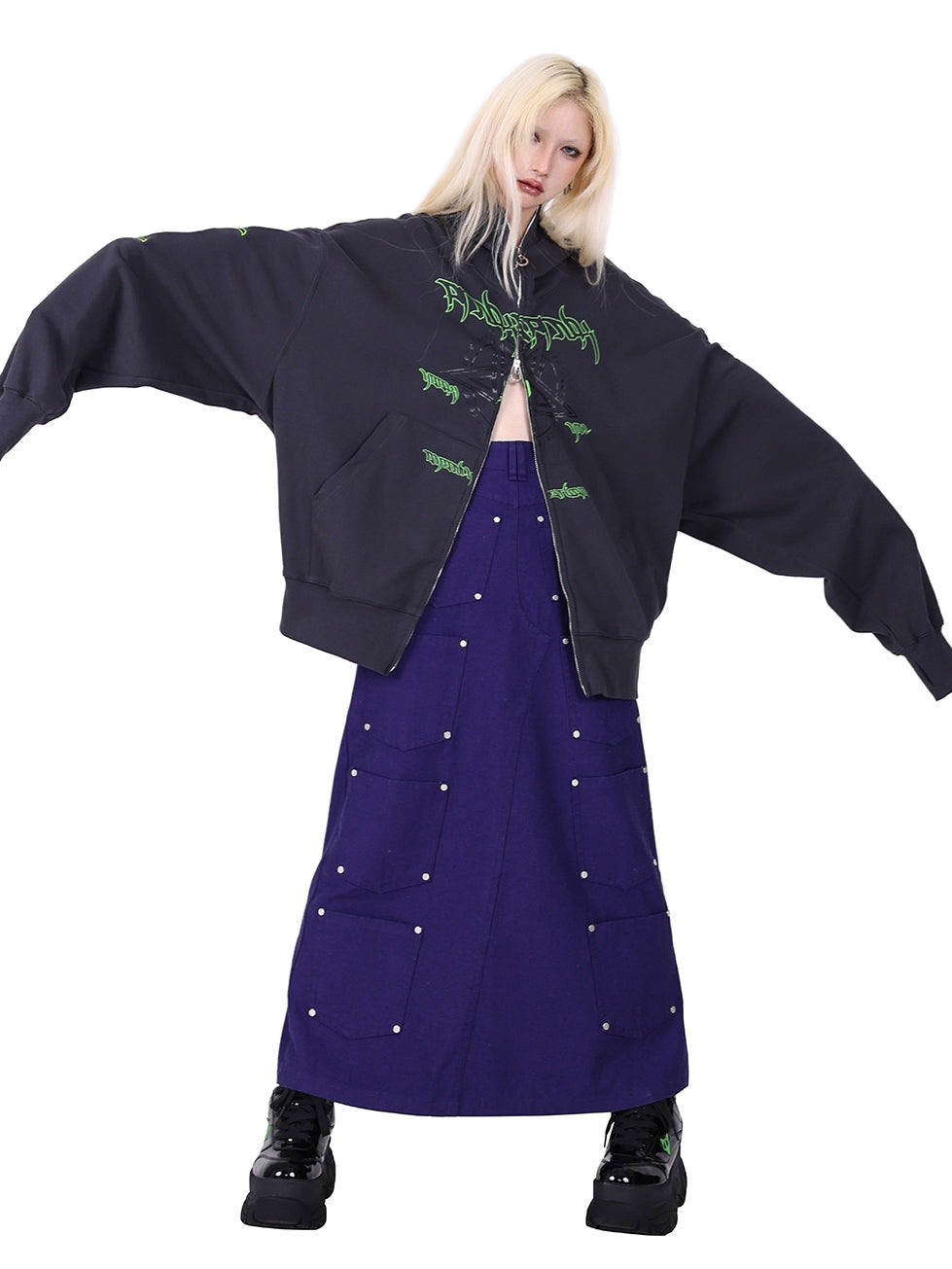 DOUBLE ZIPPER HEAD COVER HOODED LOOSE PARKA