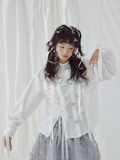 Ribbon Pleated Cute Metal Button Shirt