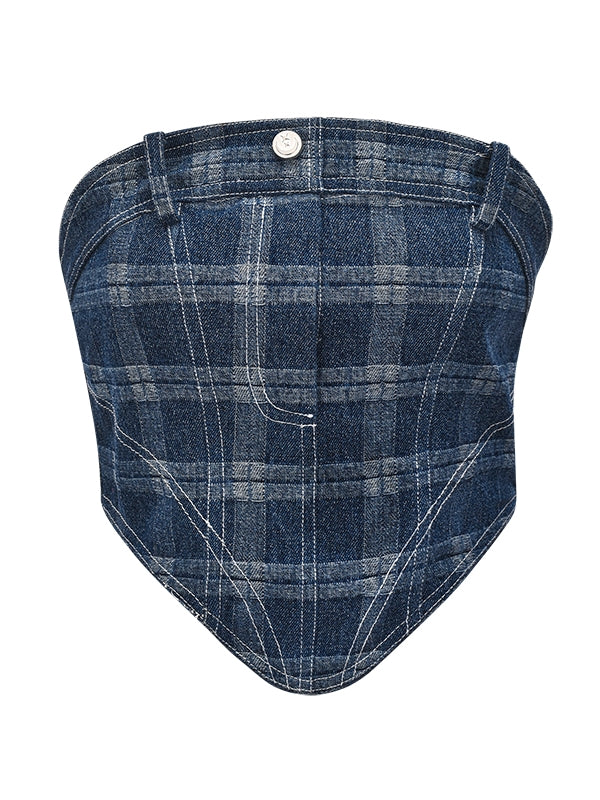 Stretch Plaid Denim Tube Top