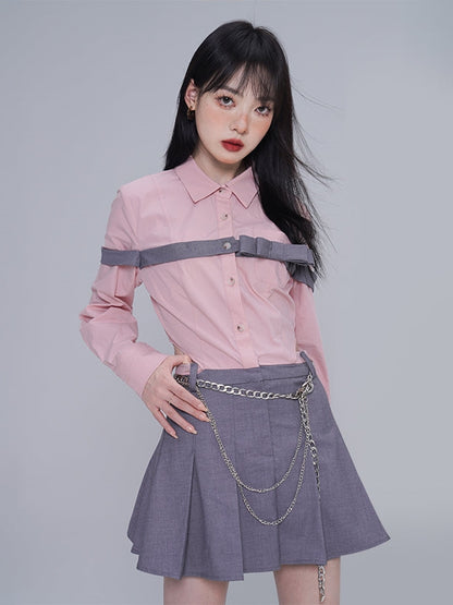 Bow Stitching Shirt Pleated Dress