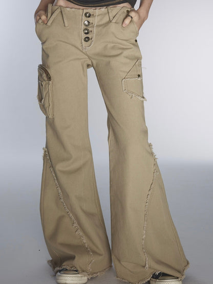 Ultra-low Waist Raw Edge Rivet Denim Flared Pants