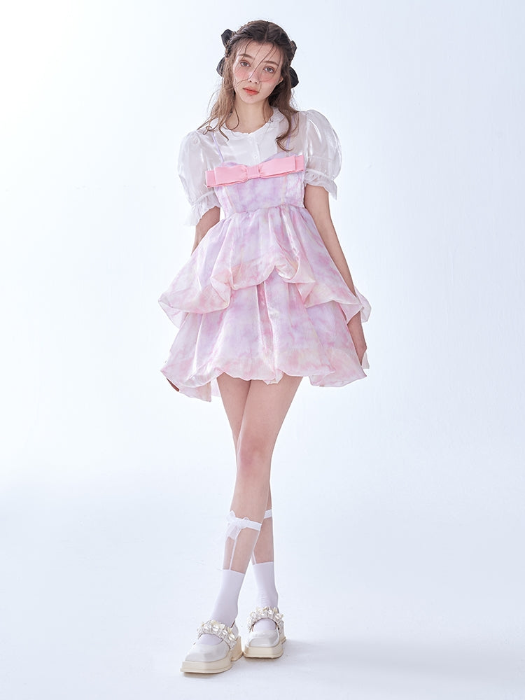 Blooming Bow Double-layer Strap Dress