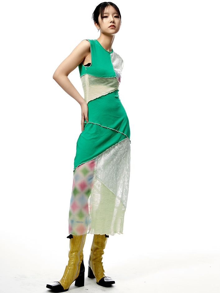 Multi-Color Stitching Color-Blocking Sleeveress Dress