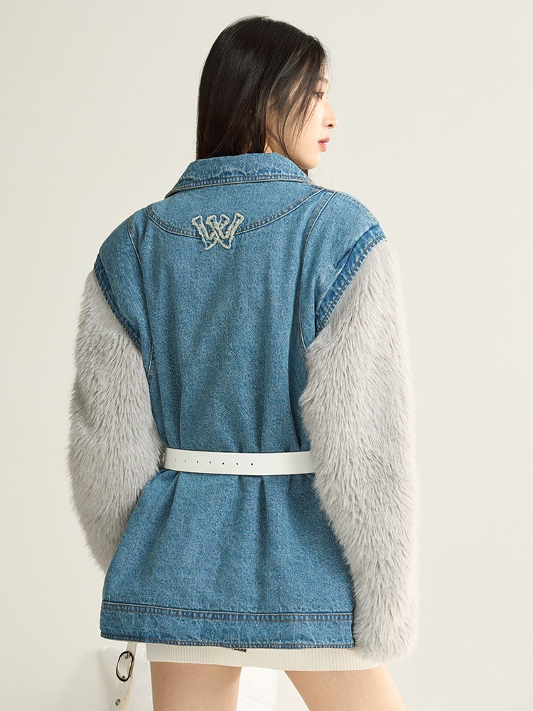 Denim Stitching Pelzjacke