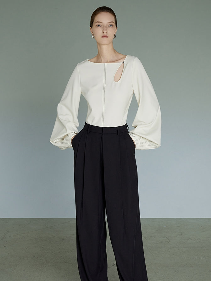 Balloon-sleeves Boat-neck Drop-cut Stitch Blouse