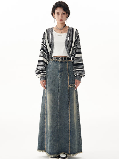 Retro Raw Edge Slit Washed Denim Skirt