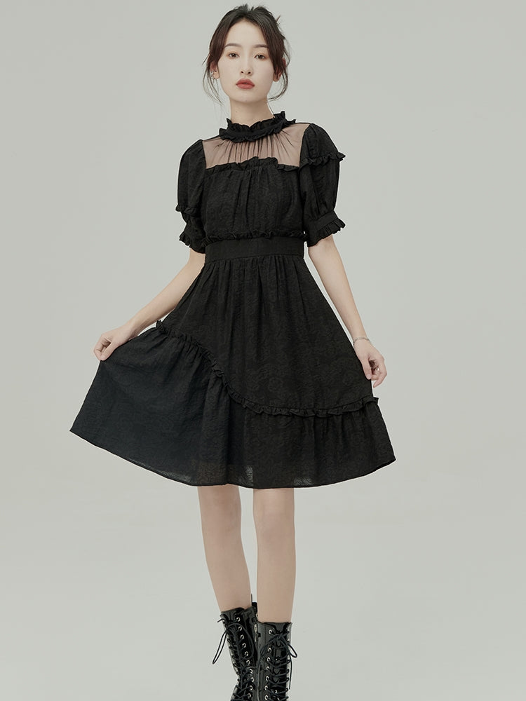 Jacquard Black Bow Asymmetric Dress