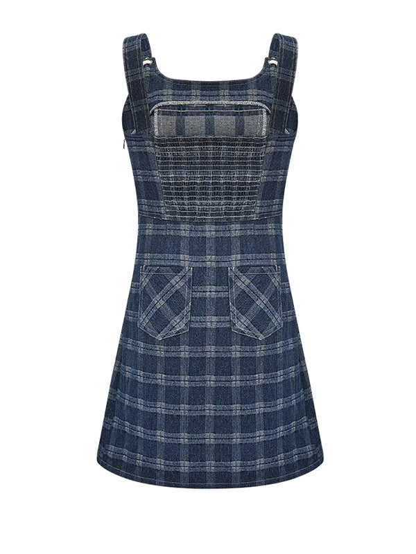 Retro Strap Denim Plaid Skirt