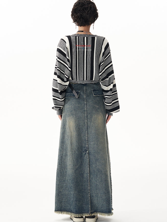 Retro Raw Edge Slit Washed Denim Skirt