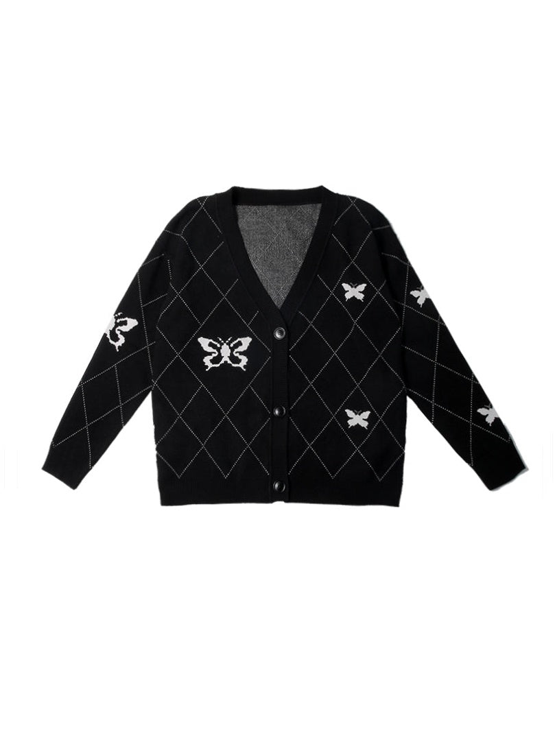 Rhombus Checkered Butterfly Knitted Cardigan &amp; Mufffler