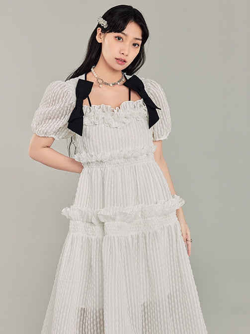 Puff Sleeve Bow Mesh Long Dress