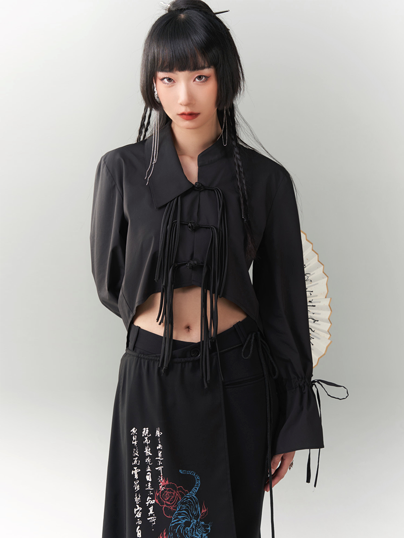 CHINESE STYLE asymmetric Fringed Button Shirt