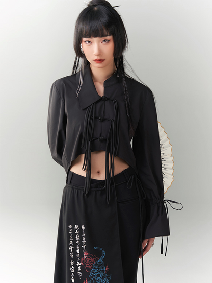 Chinese Style Asymmetric Fringed Button Shirt