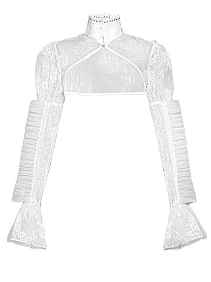 Mesh Puff Sleepes Stand Collar Short Bolero