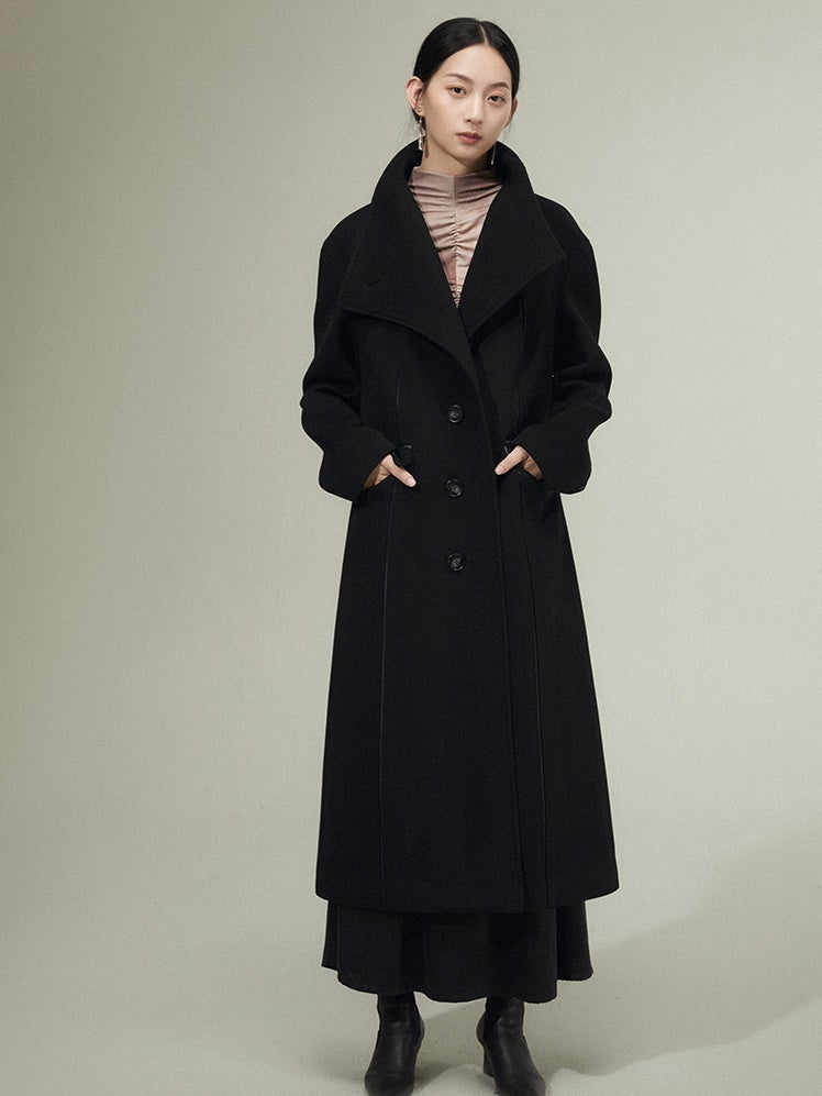 Patchwork Leather Wool Long Coat