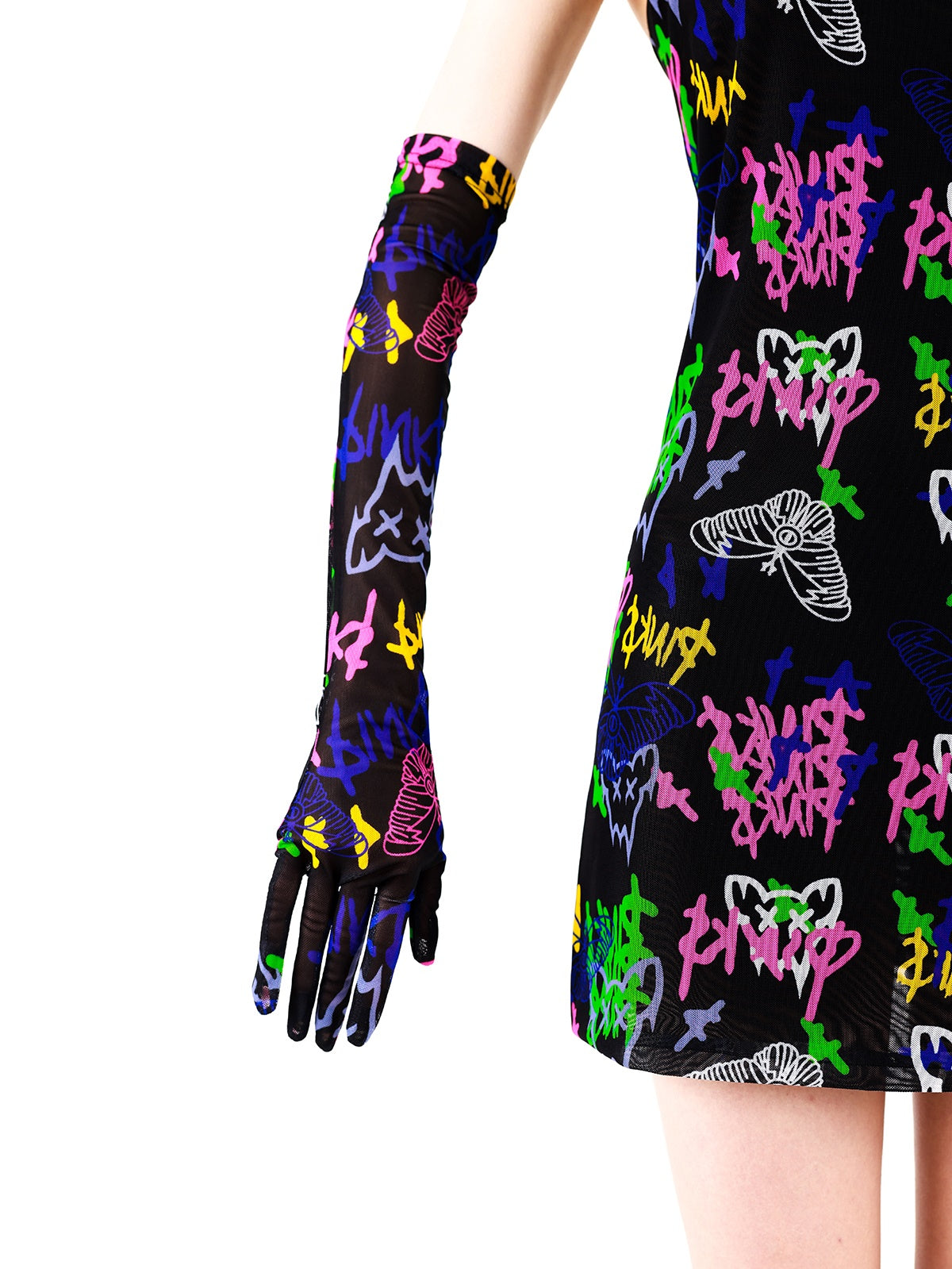 Graffiti Suspenders Asymmetrical Necklace Slim Dress With Gloves