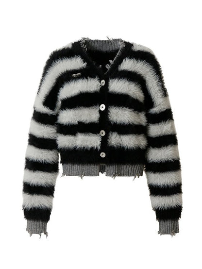 Stripe Imitation Mink V-Neck Cardigan