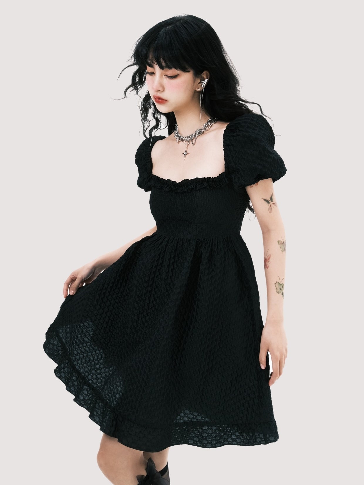 JACQUARD SQUARE NECK PUFF SLEEVE DRESS