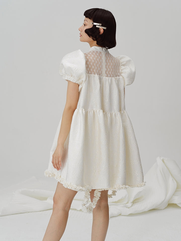 Puff Sleeve Lace Stitching A-Line Skirt