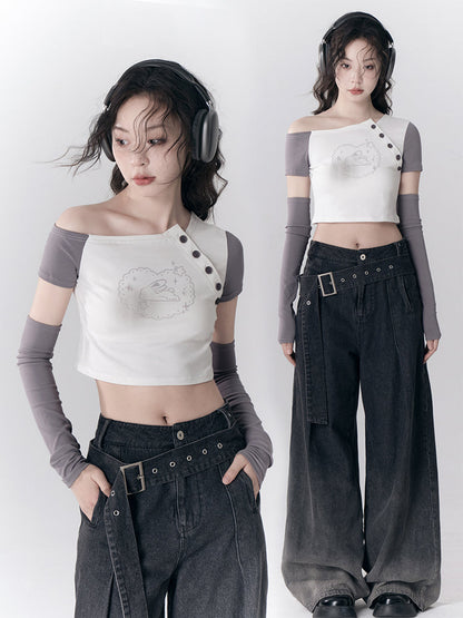 Asymmetric Strapless Sleeve T-shirt