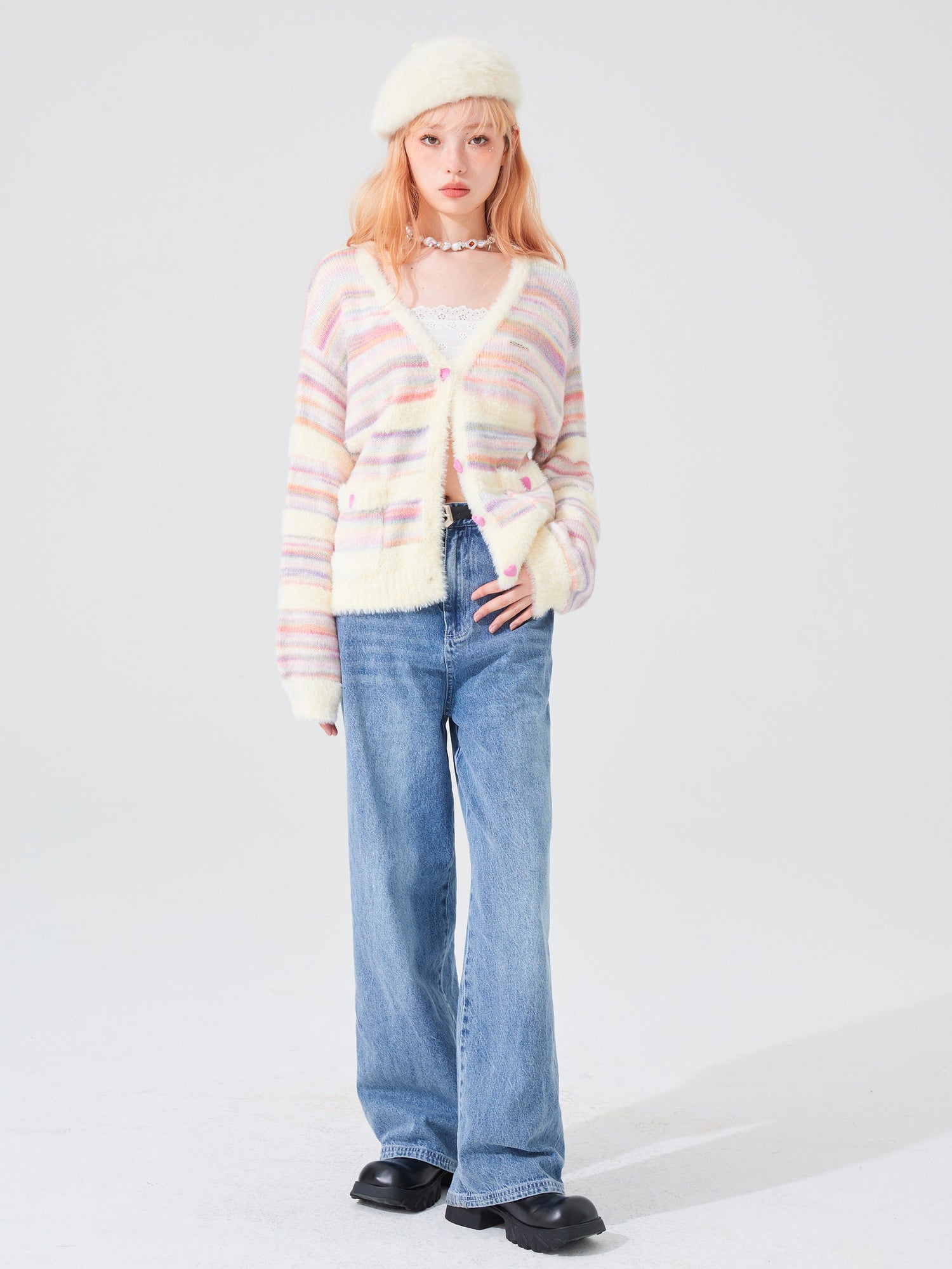 Rainbow Loose V-neck Striped Cardigan