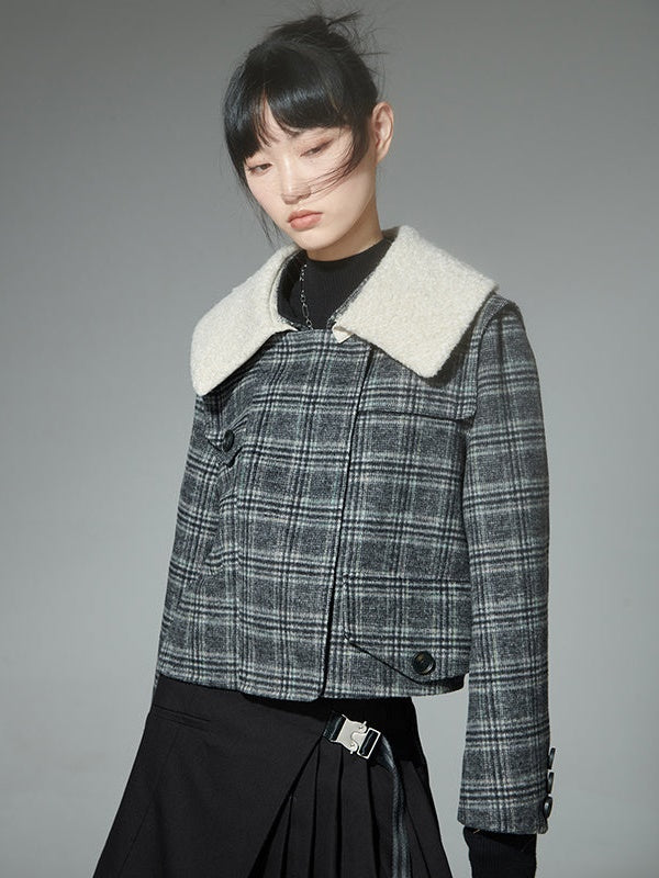 Grid-shaped Asymmetric Double-sided Short Jacket