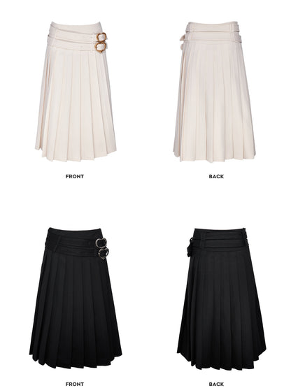 DOUBLE BELT PLEATED LONG SKIRT