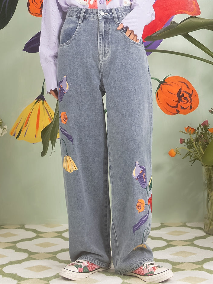 Flower Print Light Wash Blue Loose Denim