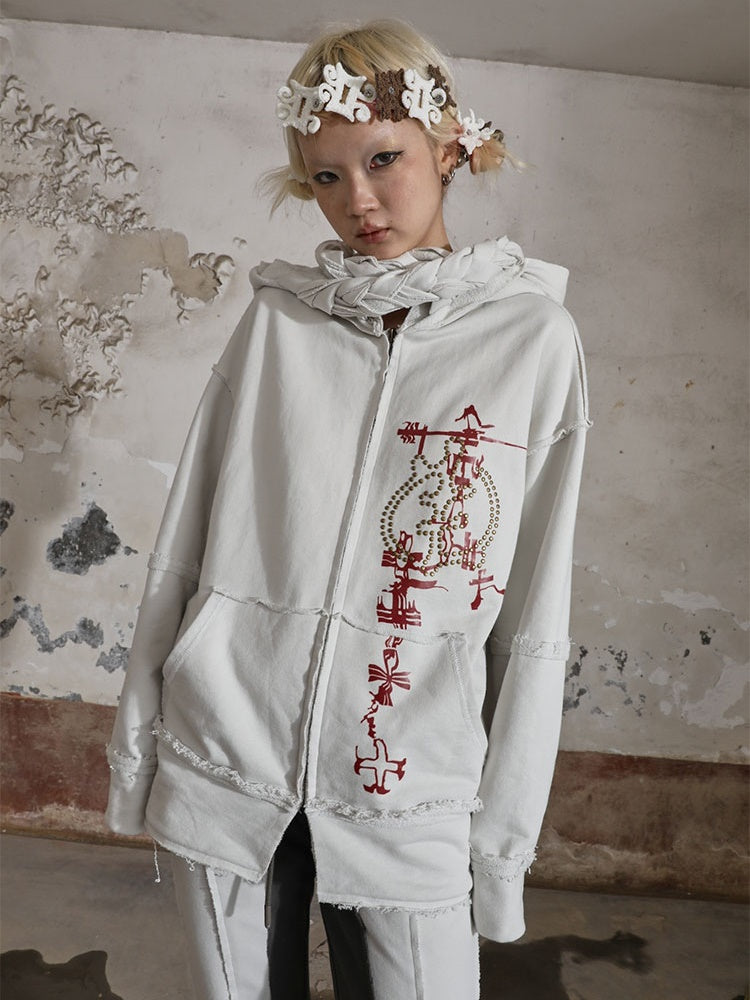 Braided Printed Rivets Loose ZIP-up Parka