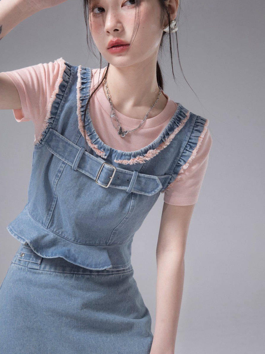 Denim Vest &amp; Skirt &amp; Bottoming T-Shirt Set-UP