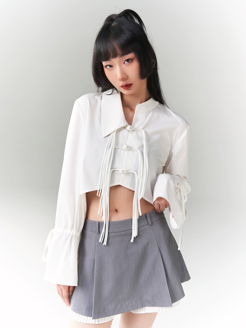 Chinese Style Asymmetric Fringed Button Shirt