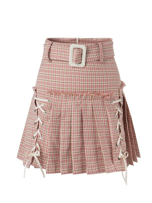 Pleated with Straps Short a-line Skirt